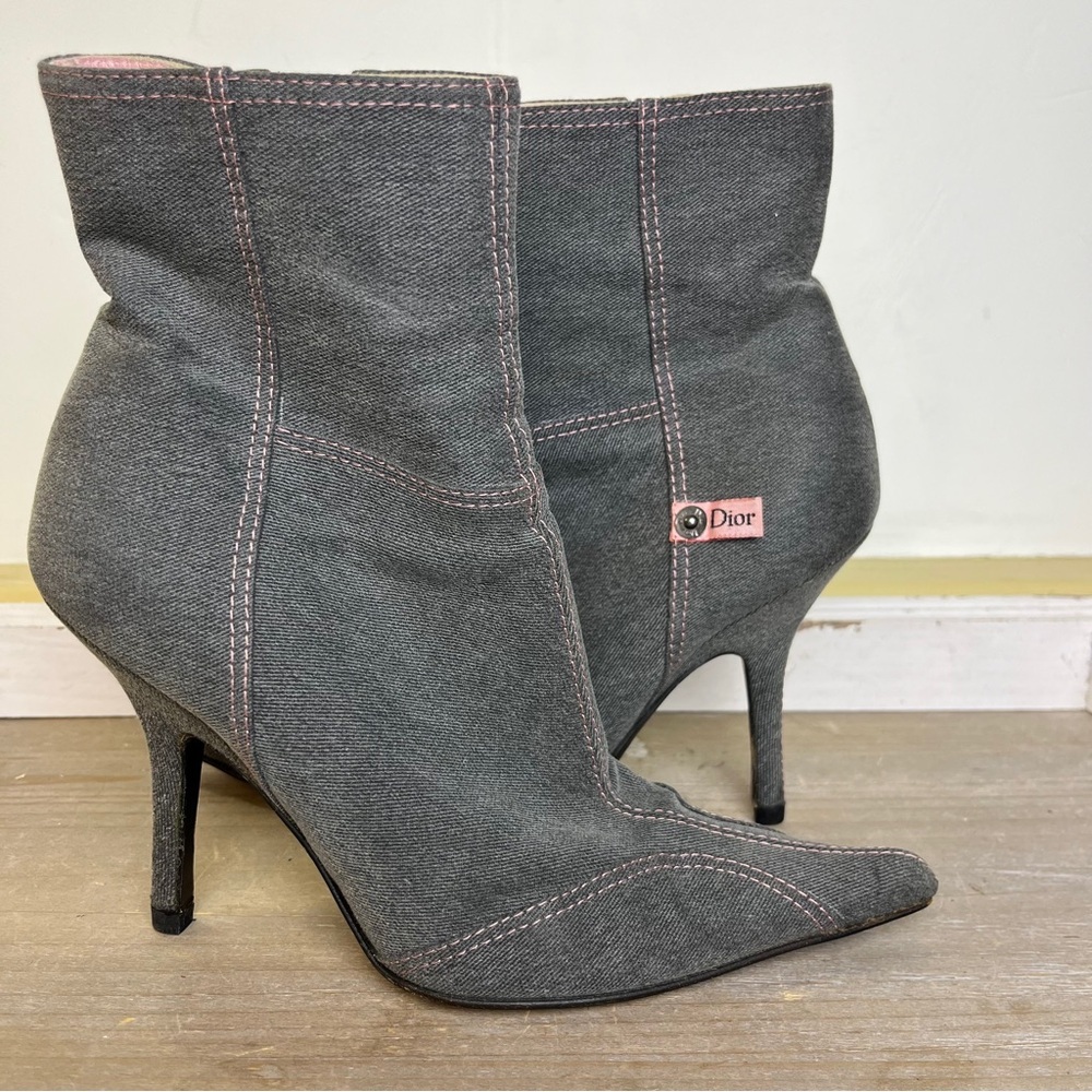 Vintage Christian Dior Y2K Denim Ankle Booties Pink Stitch Italy 35.5 Grunge - Picture 13 of 15
